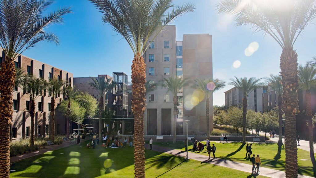 The exterior of the Barrett Honors college dorms on the ASU Tempe campus.