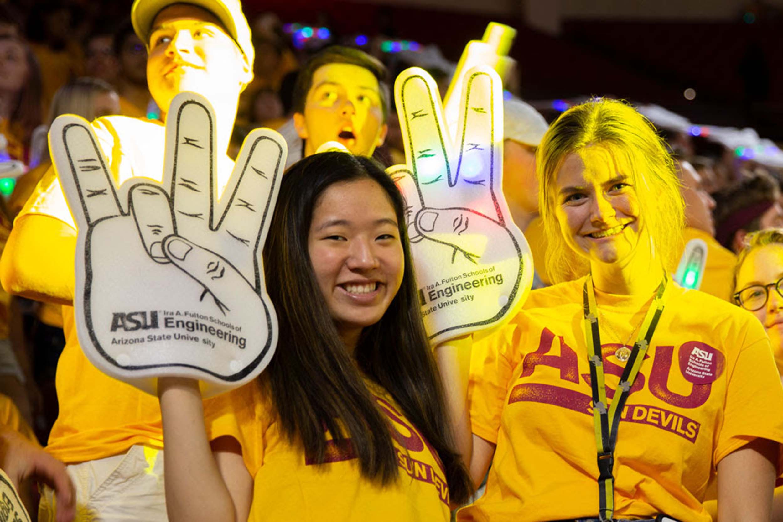 Two ASU first-year engineering students smile for the camera at the Fall Welcome ceremony