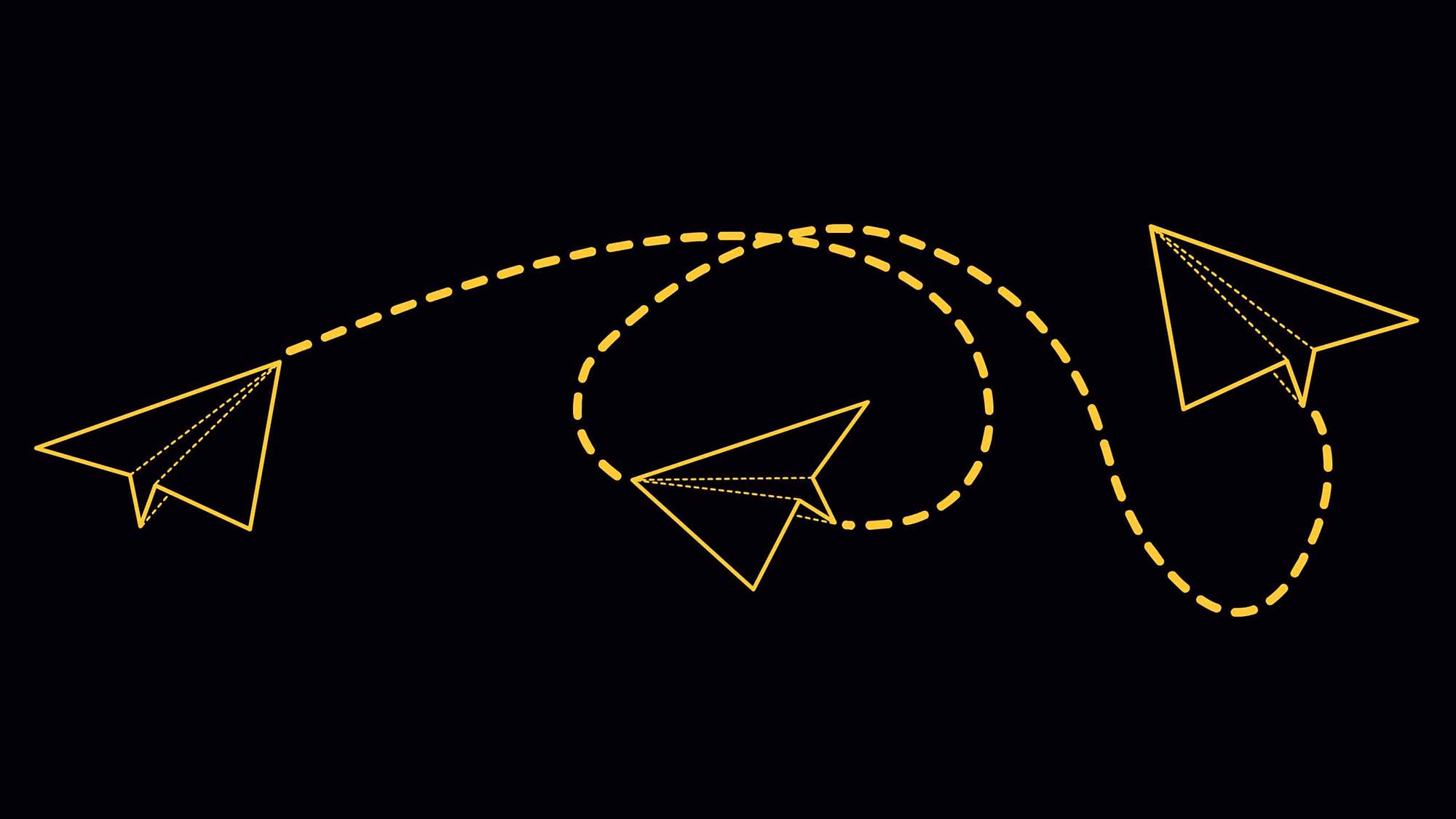 graphic of a paper airplane flying in a pattern marked by a dotted line