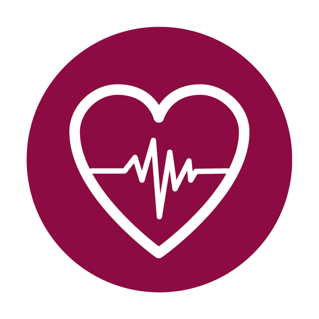 Health research theme icon, disabled. A red heart with a cardiac rhythm running through it.